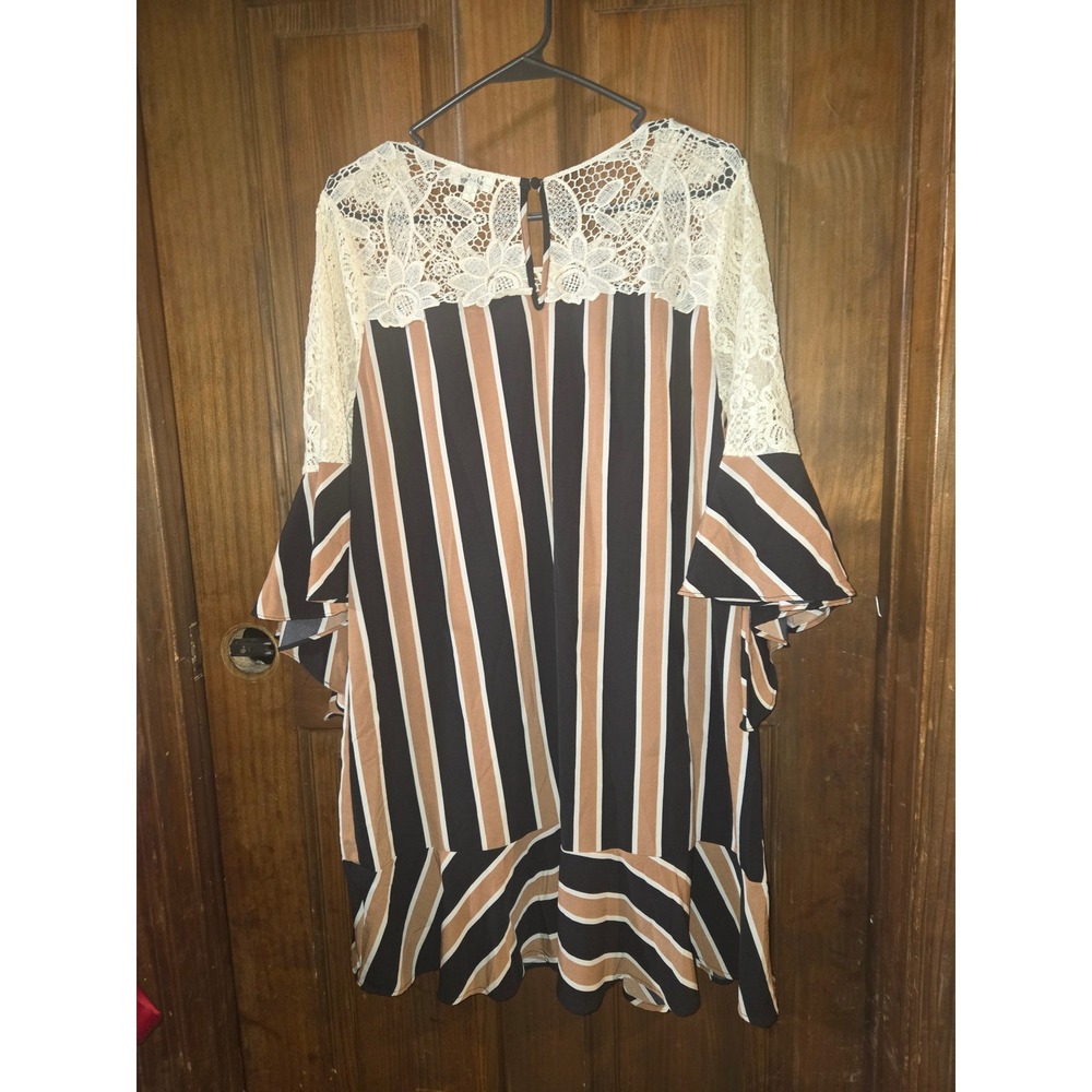 Umgee Boho Lace Yoke Striped Bell Sleeve Ruffle Mini Dress L5090 Large Black Tan - Picture 3 of 6